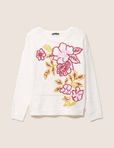 Pull brod&eacute; col rond manches longues rose framboise femme