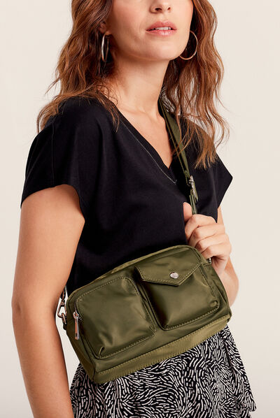 Sac satiné avec poches vert kaki femme