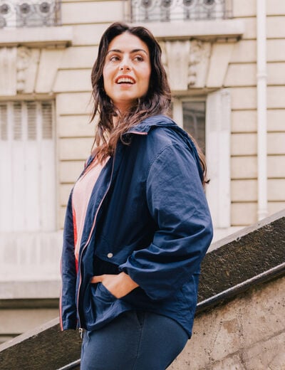 Parka ample doubl&eacute;e avec capuche bleu marine femme