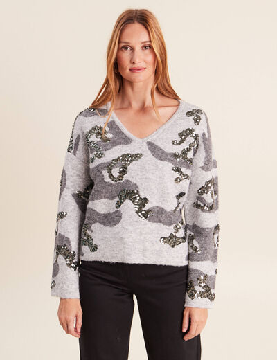 Pull col v &agrave; sequins gris femme