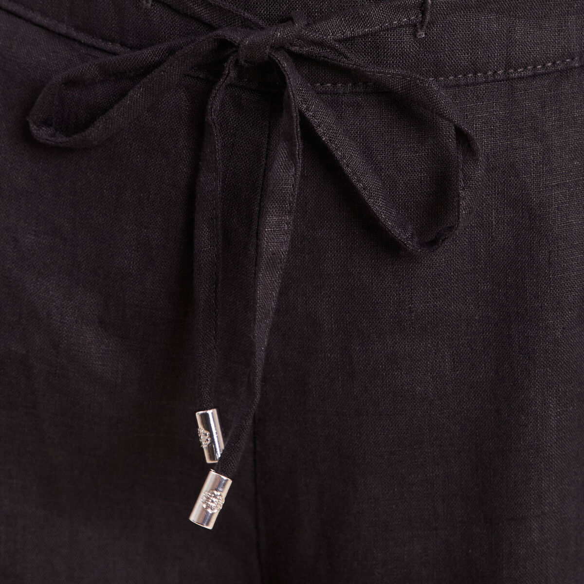 Pantalon large taille haute aspect lin noir femme