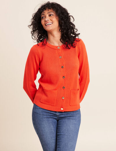 Gilet droit long &agrave; manches longues orange fonc&eacute; femme