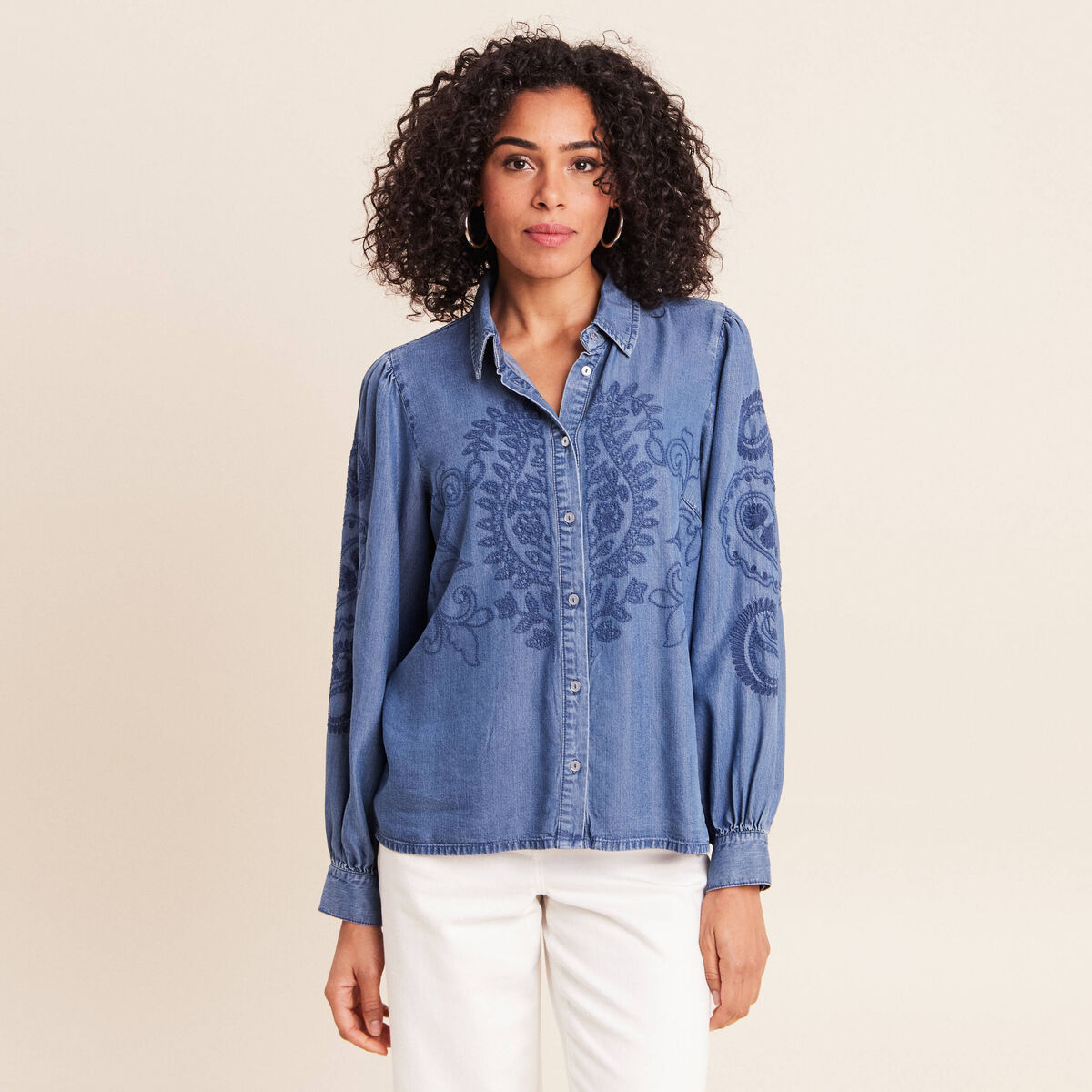 Chemise broderie manches longues denim double stone femme