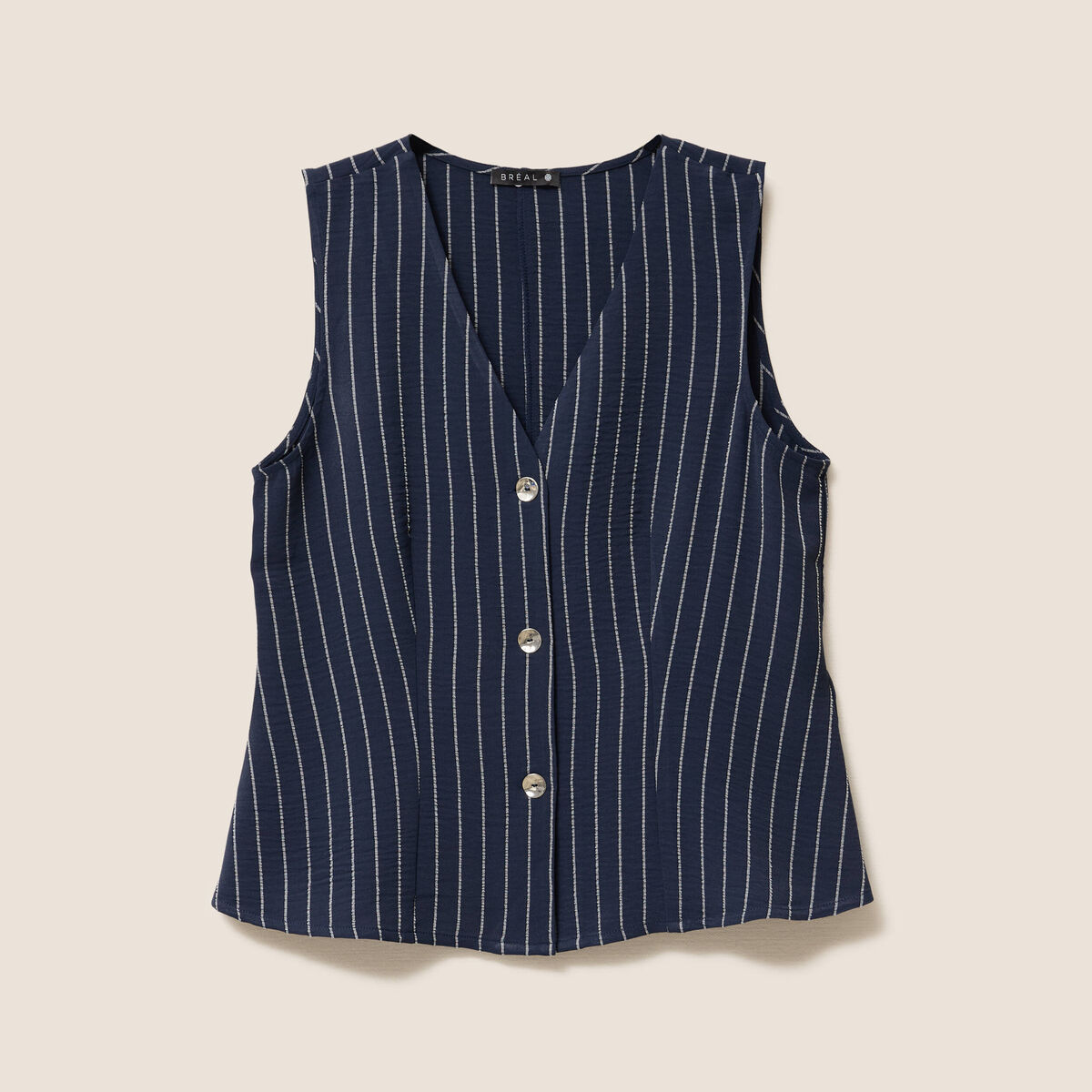 Gilet droit court sans manches col V bleu fonc&eacute; femme