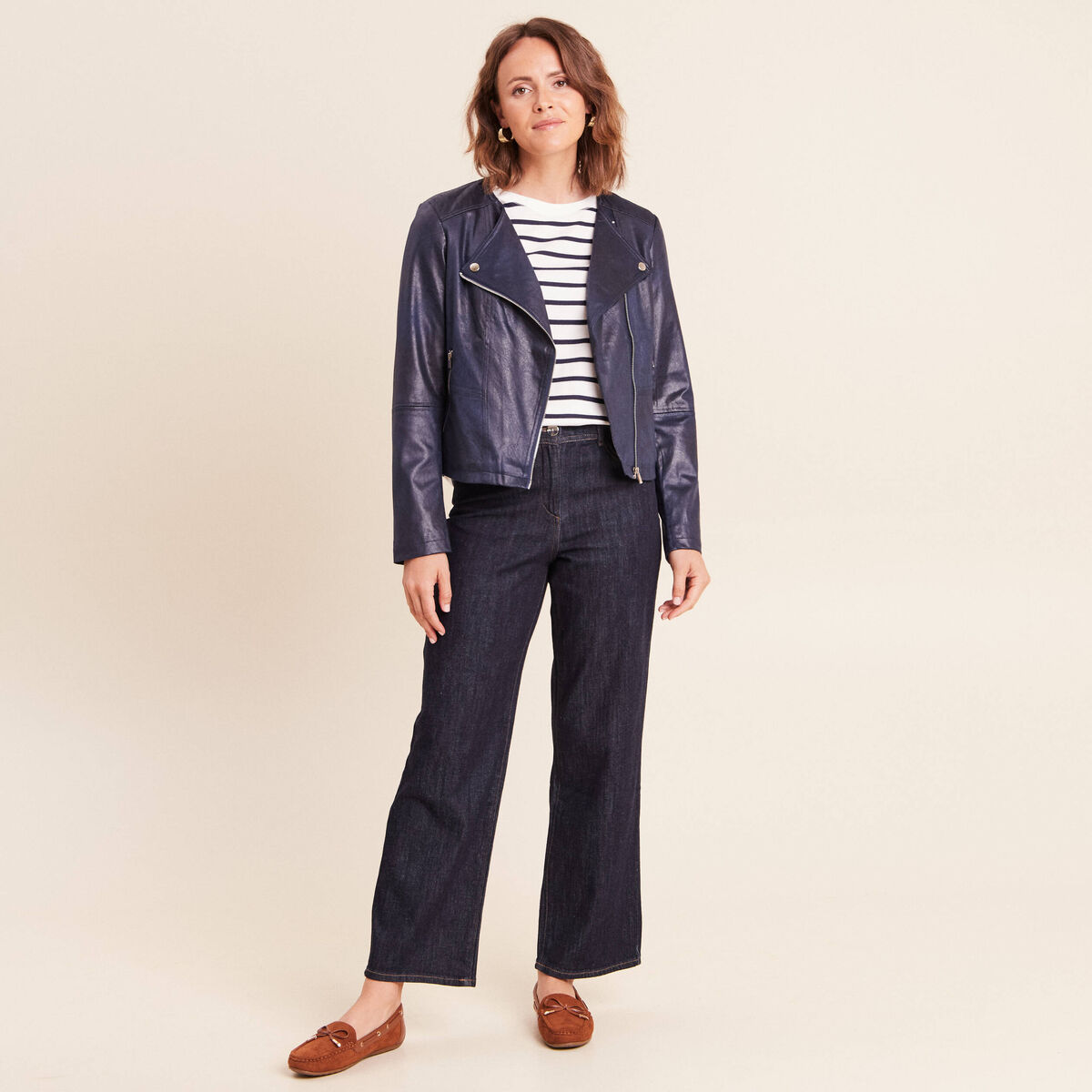 Veste droite zipp&eacute;e bleu fonc&eacute; femme