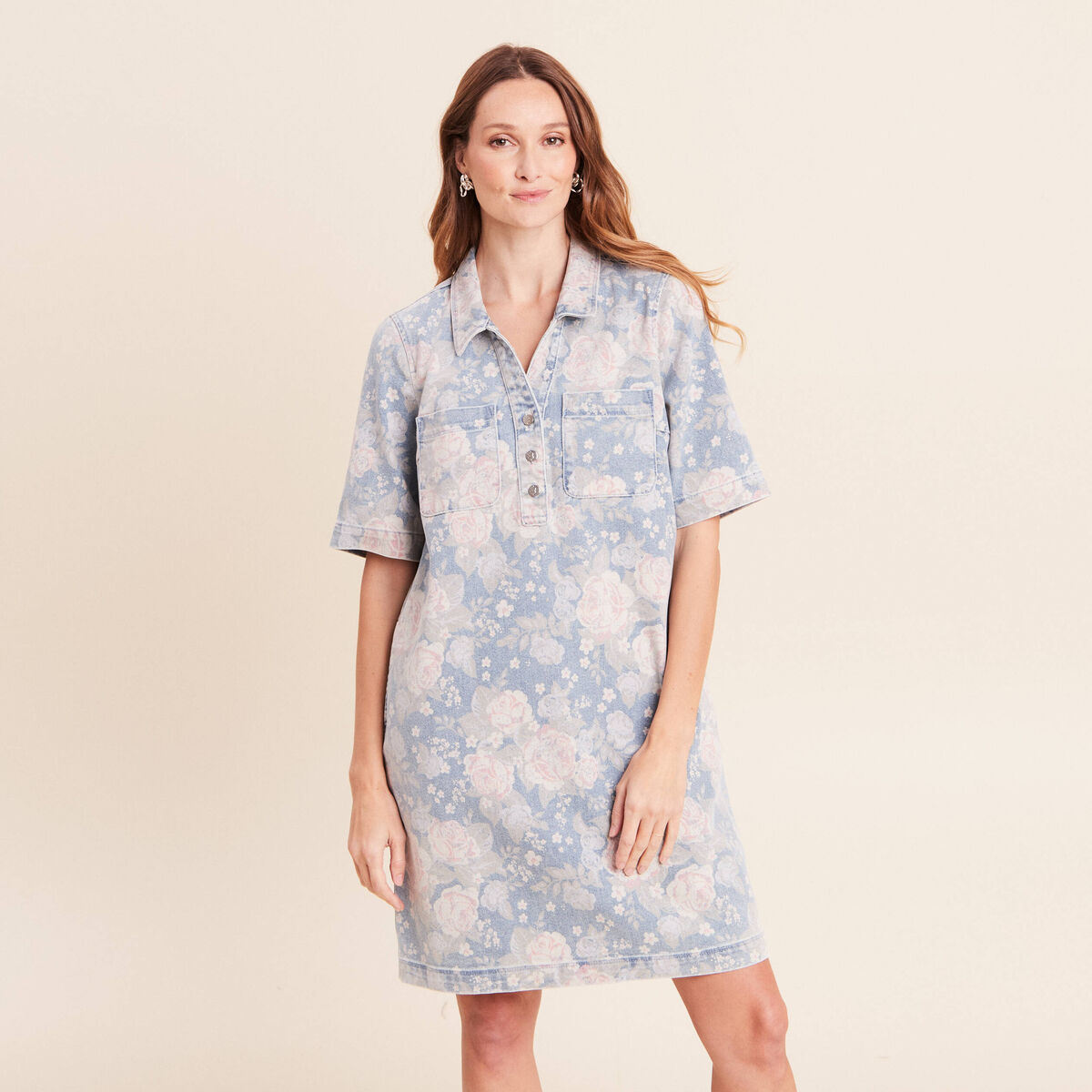 Robe droite courte en jean col chemise rose femme