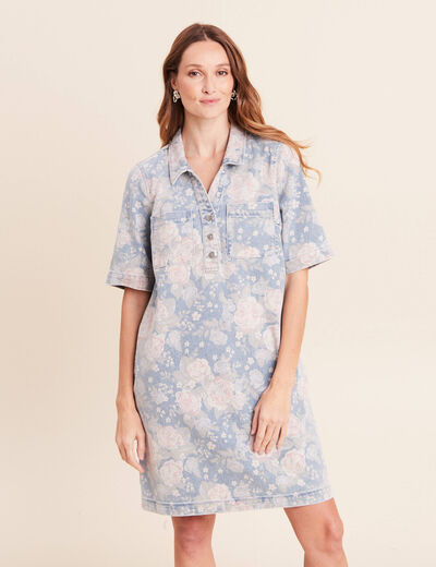 Robe droite courte en jean col chemise rose femme