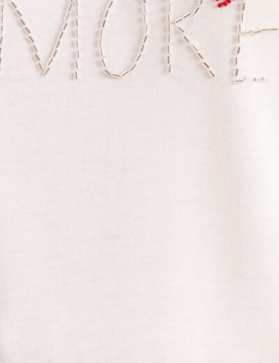 T-shirt col rond manches courtes brod&eacute; ecru femme