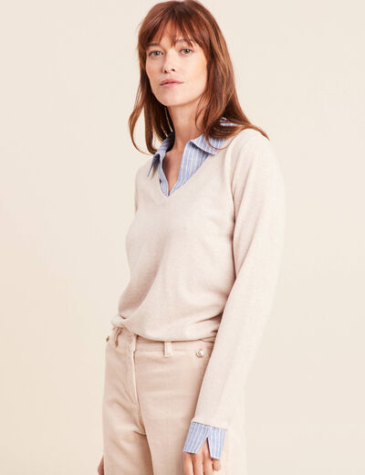 T-shirt effet 2 en 1 col chemise creme femme
