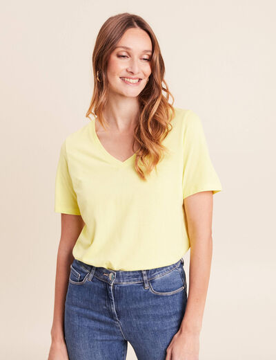 T-shirt col v manches courtes jaune clair femme