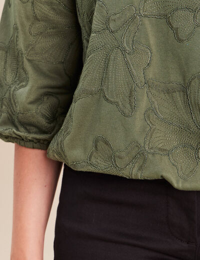 Blouse col rond manches 3/4 bas resserr&eacute; vert kaki femme