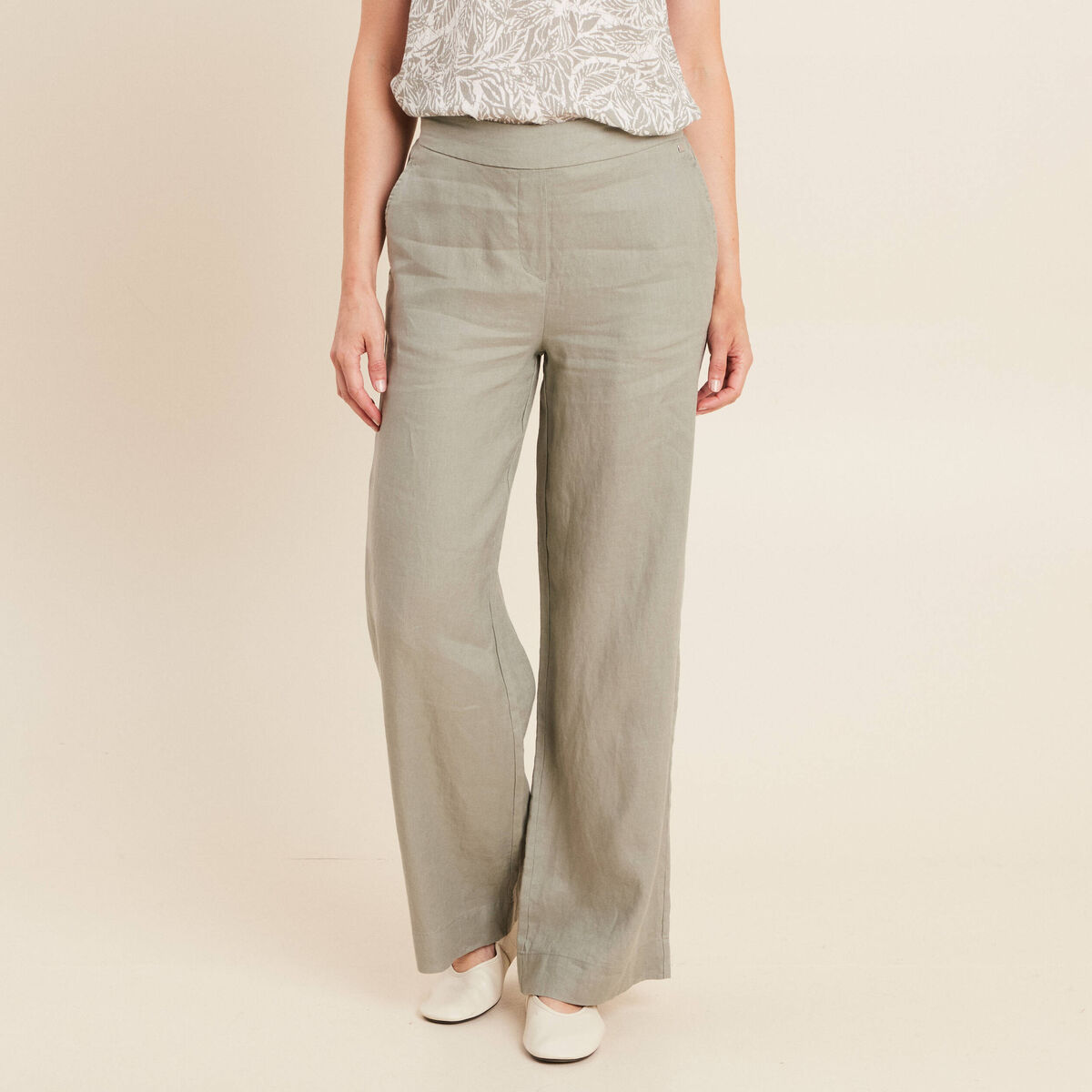 Pantalon large taille haute en lin vert clair femme