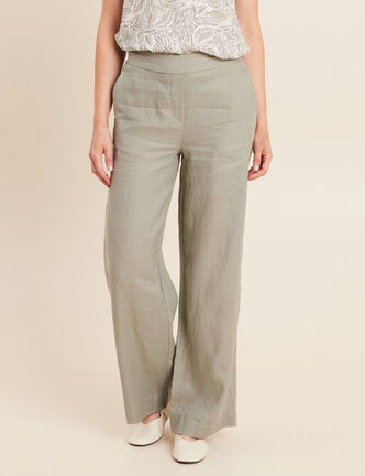 Pantalon large taille haute en lin vert clair femme