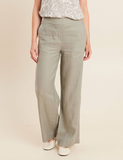Pantalon large taille haute en lin vert clair femme