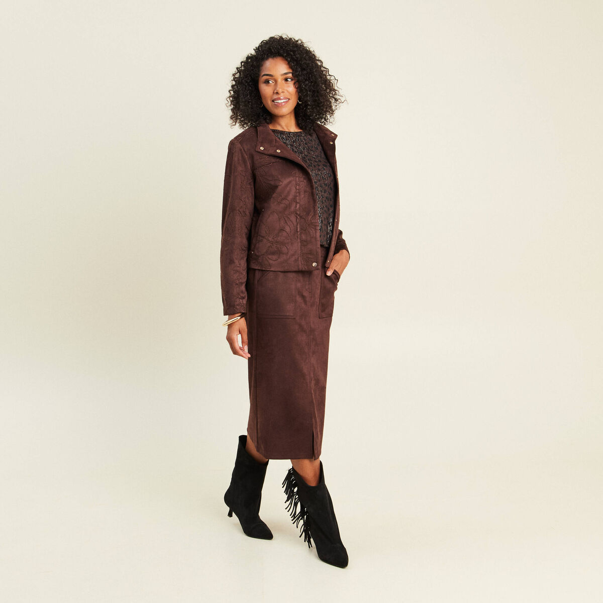 Veste col montant doubl&eacute;e marron fonc&eacute; femme
