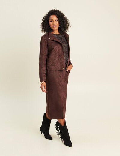 Veste col montant doubl&eacute;e marron fonc&eacute; femme