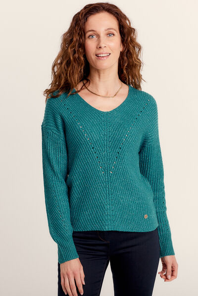 Pull manches longues col en V vert foncé femme