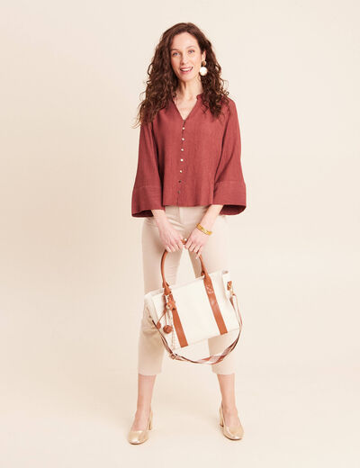 Blouse col v manches 3/4 fluide marron cognac femme