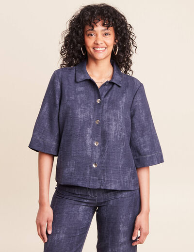 Chemise col chemise manches 3/4 bleu femme