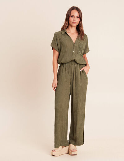 Pantalon large taille haute pliss&eacute; vert kaki femme