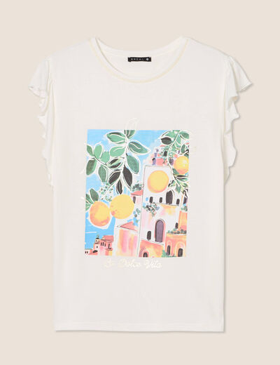 Top col rond manches courtes ecru femme