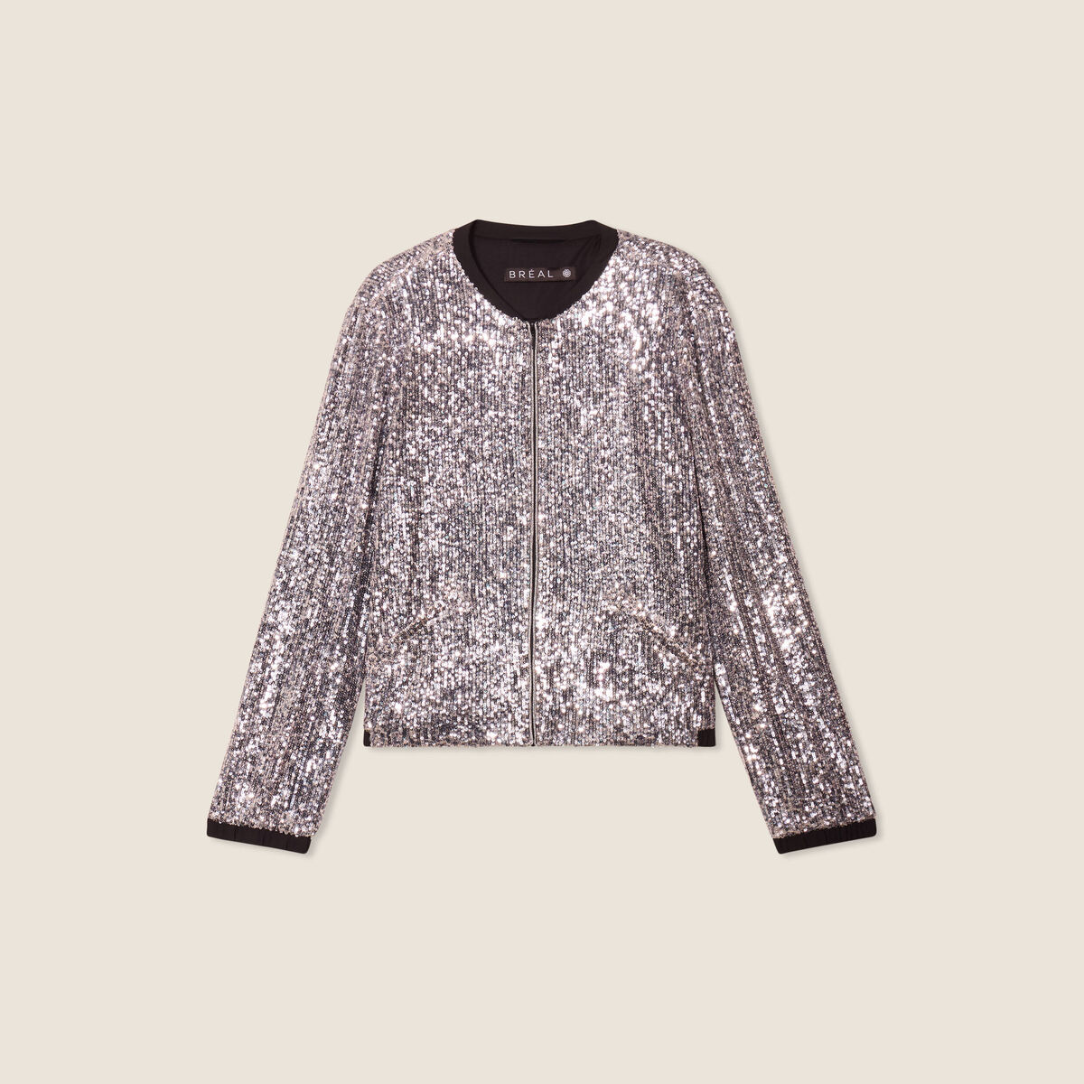 Veste zippée sequins gris argent femme