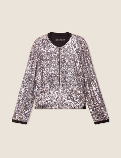 Veste zipp&eacute;e sequins gris argent femme