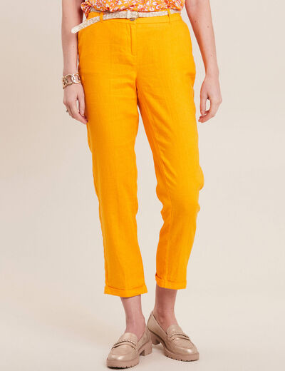 Pantalon coupe chino en lin ceintur&eacute; jaune or femme
