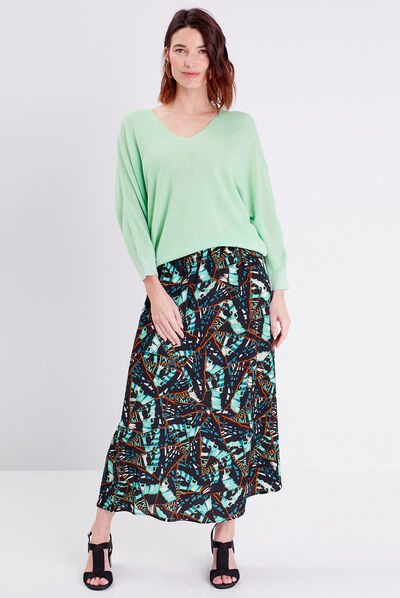 Pull manches longues col en V vert fluo femme