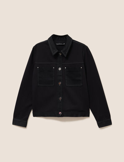 Veste droite courte manches longues denim noir femme