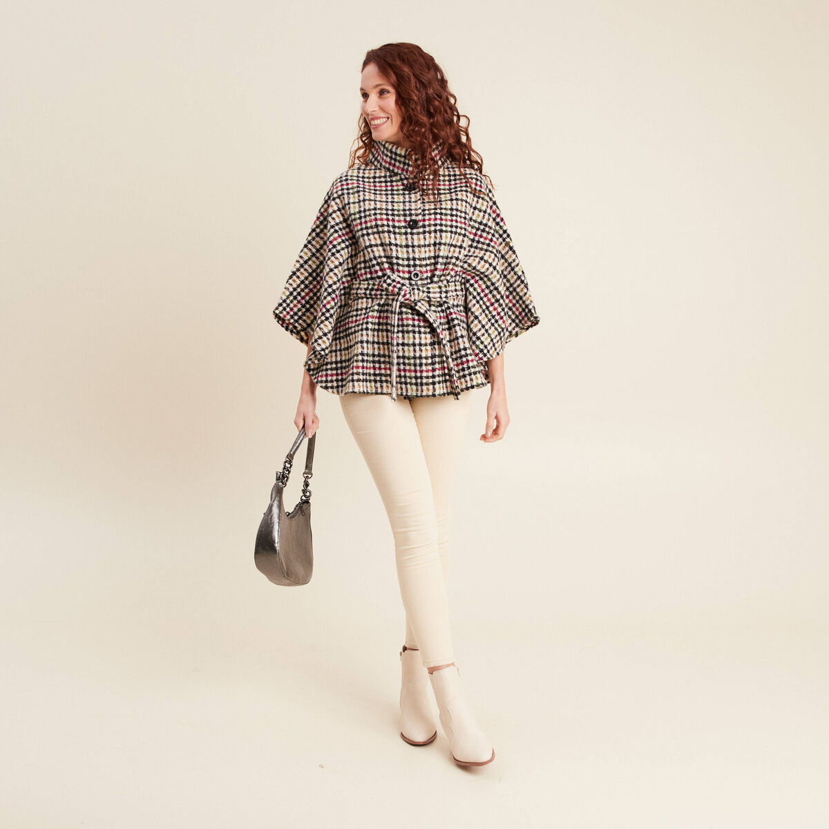 Poncho ceinturé boutonné multicolore femme