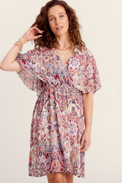 Robe évasée col cache-coeur multicolore femme
