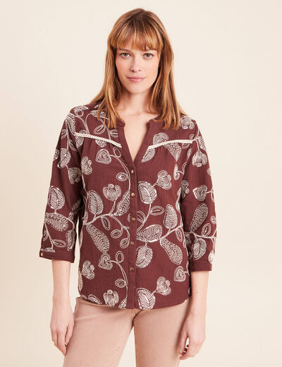 Blouse col tunisien manches 3/4 marron femme