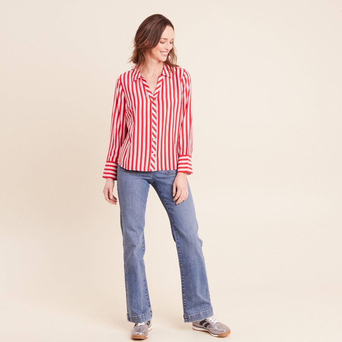 Chemise droite longue fluide col chemise rouge femme