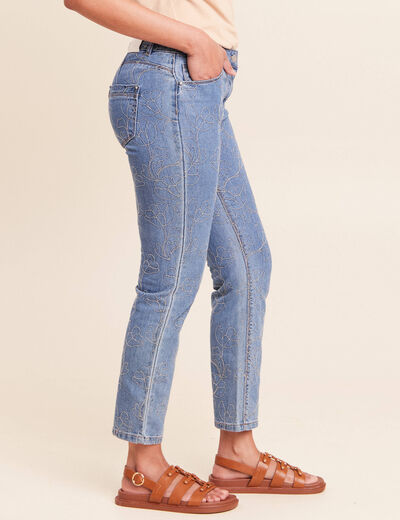Jean coupe droite 7/8&egrave;me taille bascul&eacute;e denim double stone femme