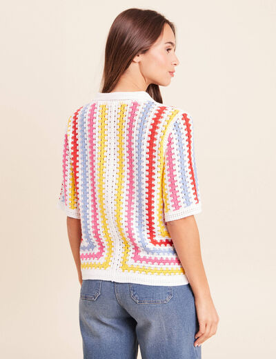 Polo manches courtes aspect macram&eacute; multicolore femme