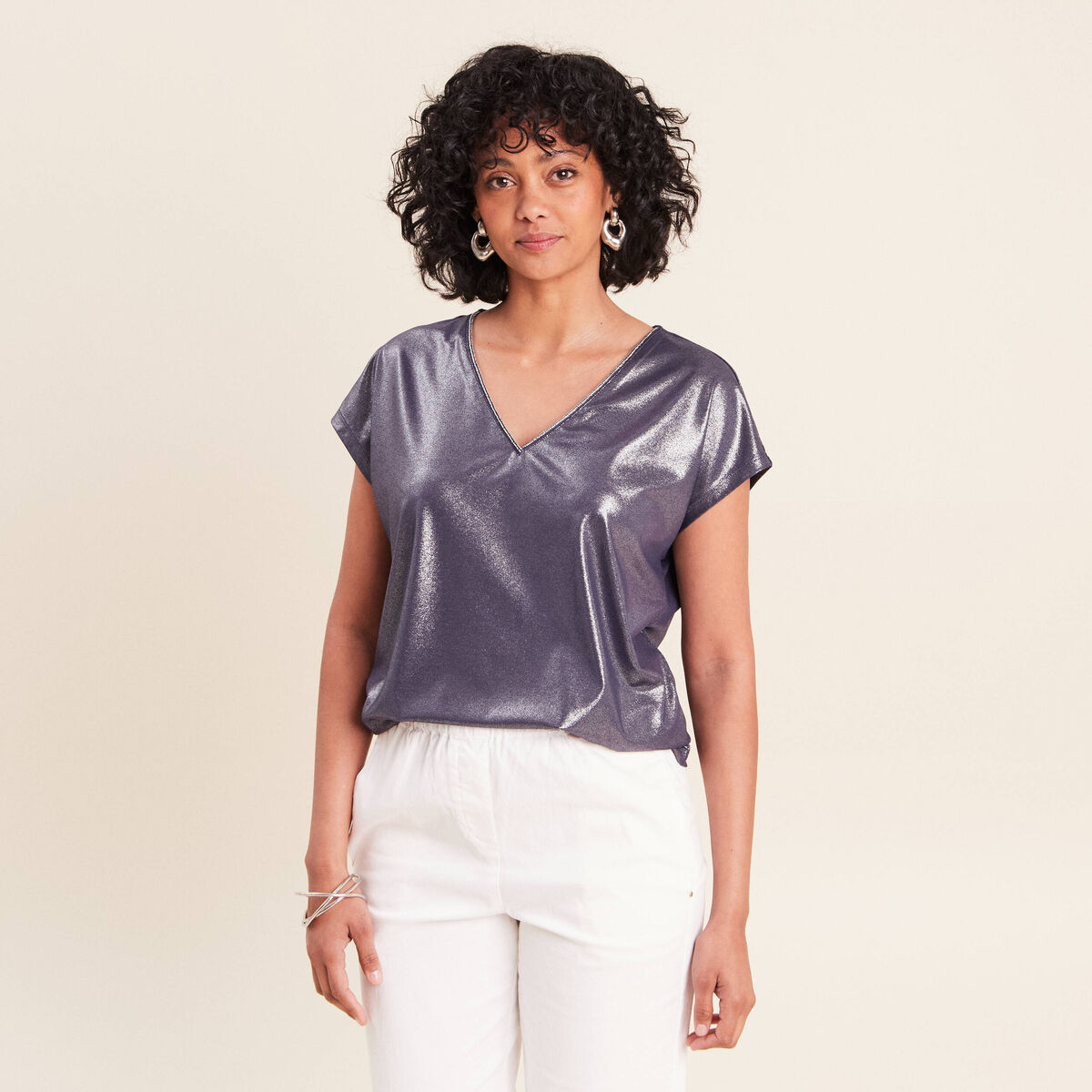 T-shirt col V manches courtes bleu marine femme