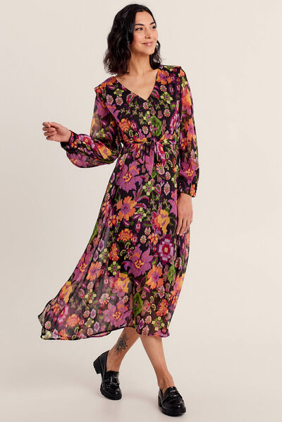Robe longue évasée col en V noir femme