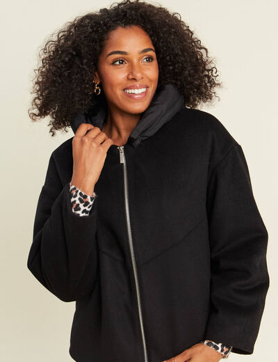 Manteau ample court &agrave; capuche noir femme