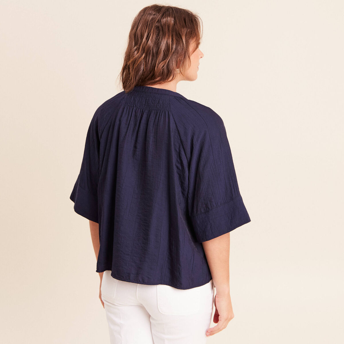 Blouse ample col v manches 3/4 bleu marine femme