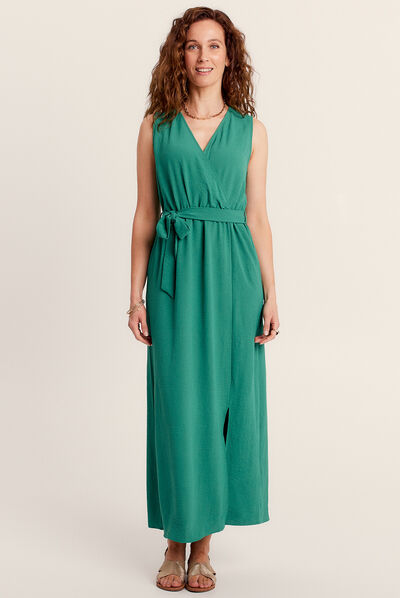 Robe longue droite ceinturée vert femme