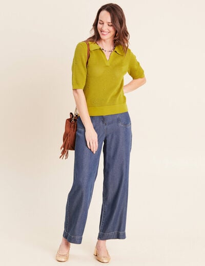 Polo ajour&eacute; col chemise manches courtes vert olive femme