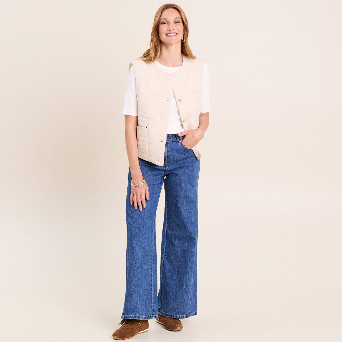 Gilet sans manches doubl&eacute; coton ecru femme