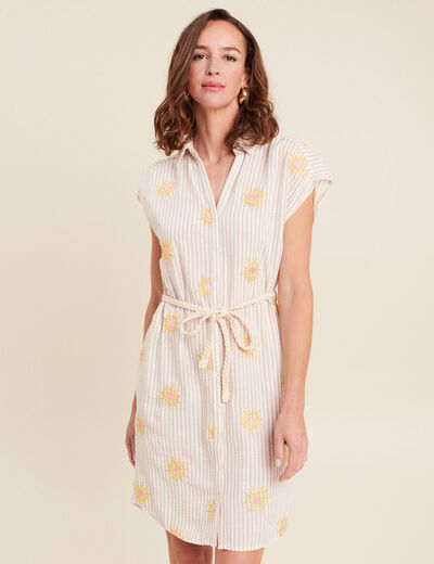 Robe courte évasée col chemise ceinturée rose femme