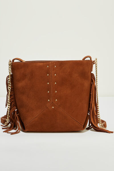Sac seau à franges en cuir camel femme