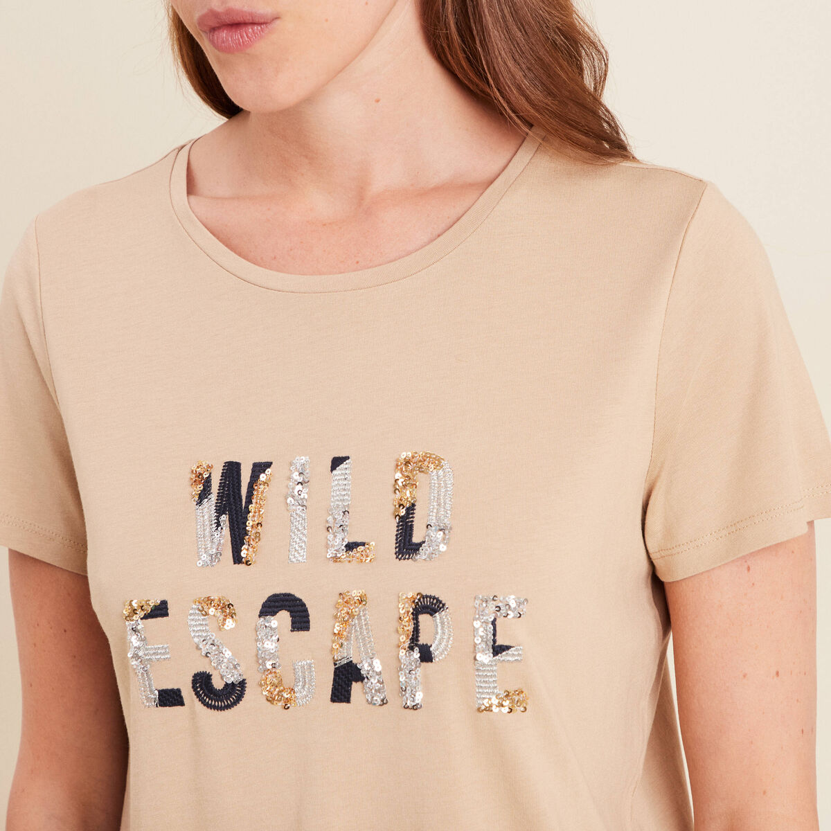 T-shirt sequins manches courtes sable femme