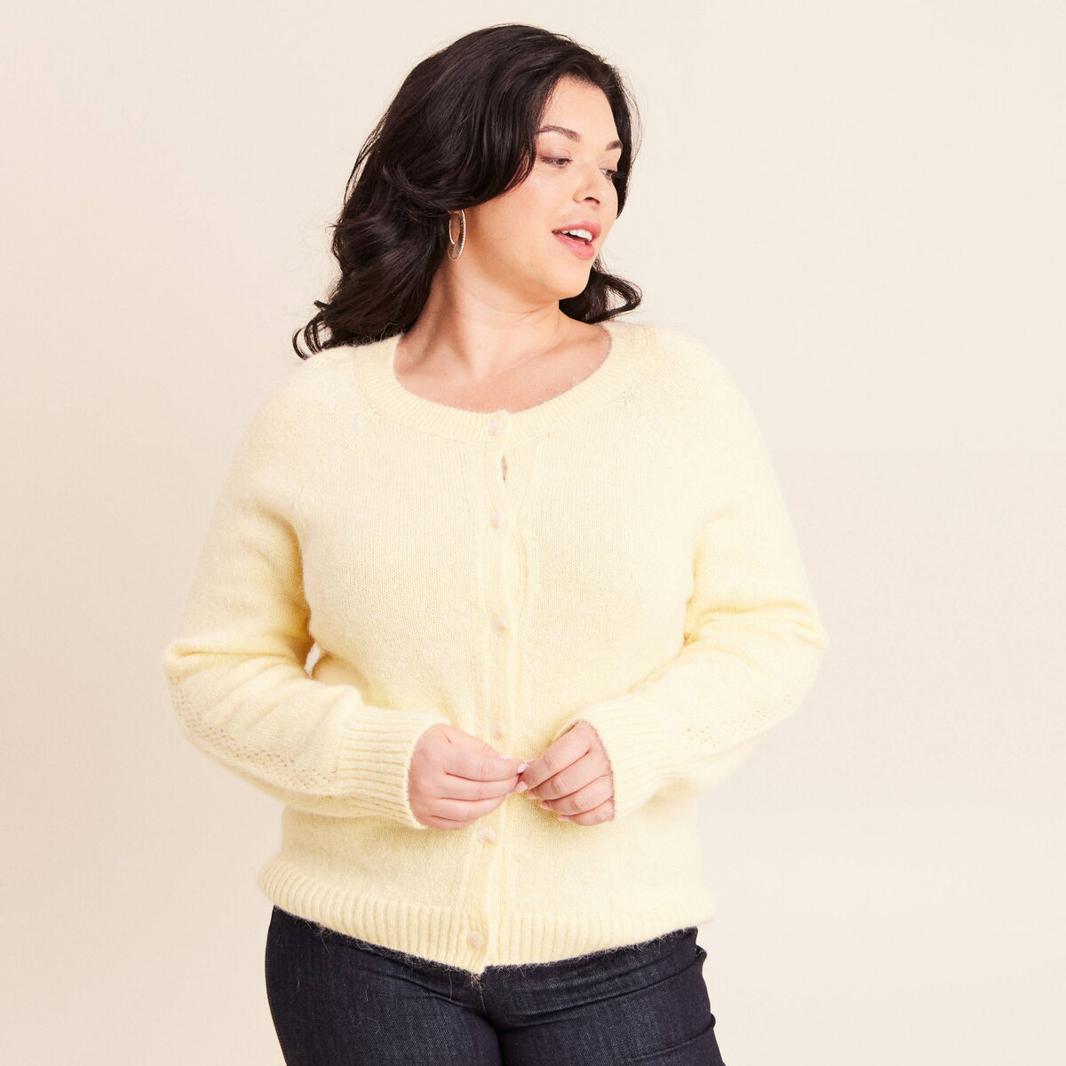 Gilet manches longues col rond jaune pastel femme