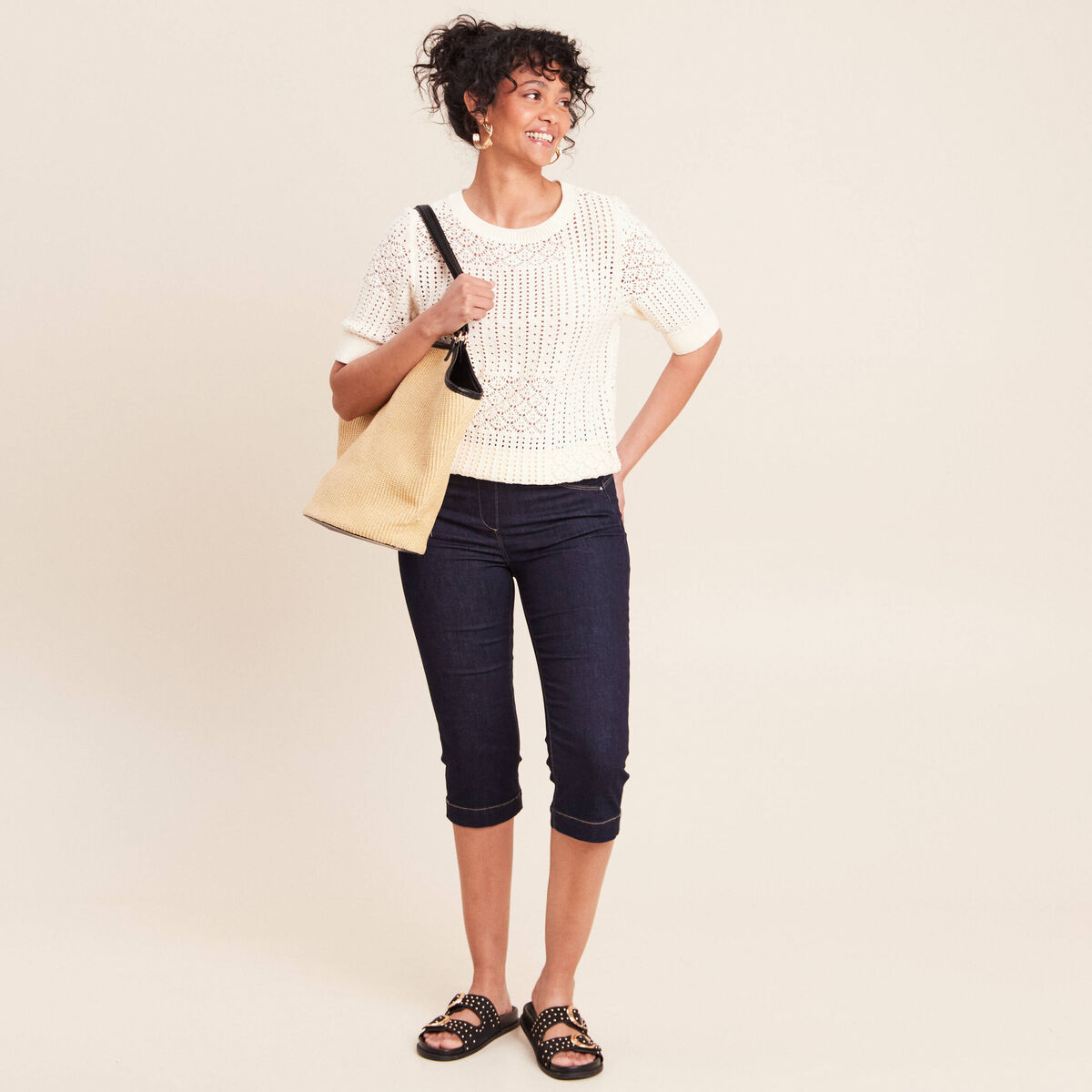 Pull ajour&eacute; col rond manches courtes ecru femme