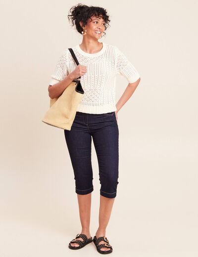 Pull ajour&eacute; col rond manches courtes ecru femme