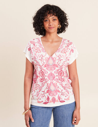 T-shirt macram&eacute; manches courtes ecru femme